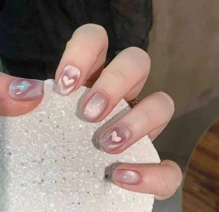 Pink Shimmer Heart Press On Nails