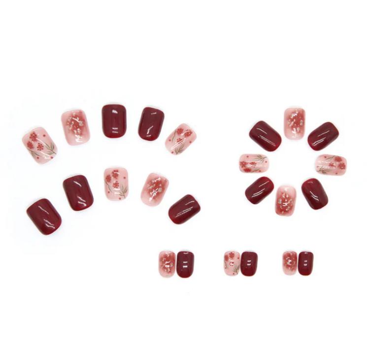 Floral & Wine Red Press On Nails
