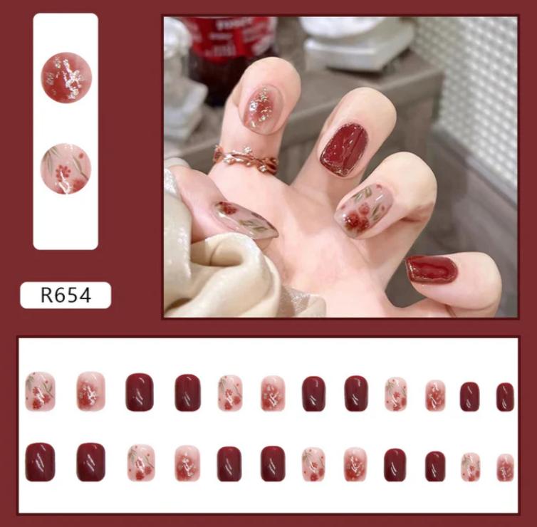 Floral & Wine Red Press On Nails