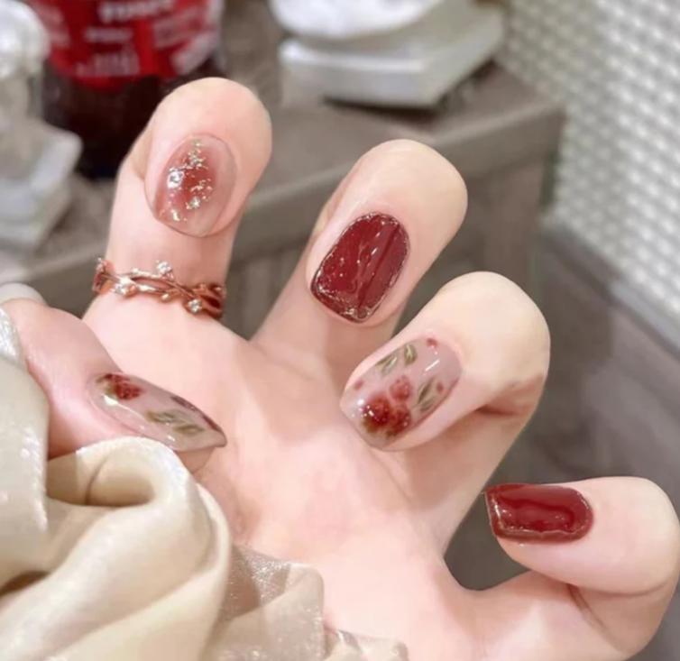 Floral & Wine Red Press On Nails